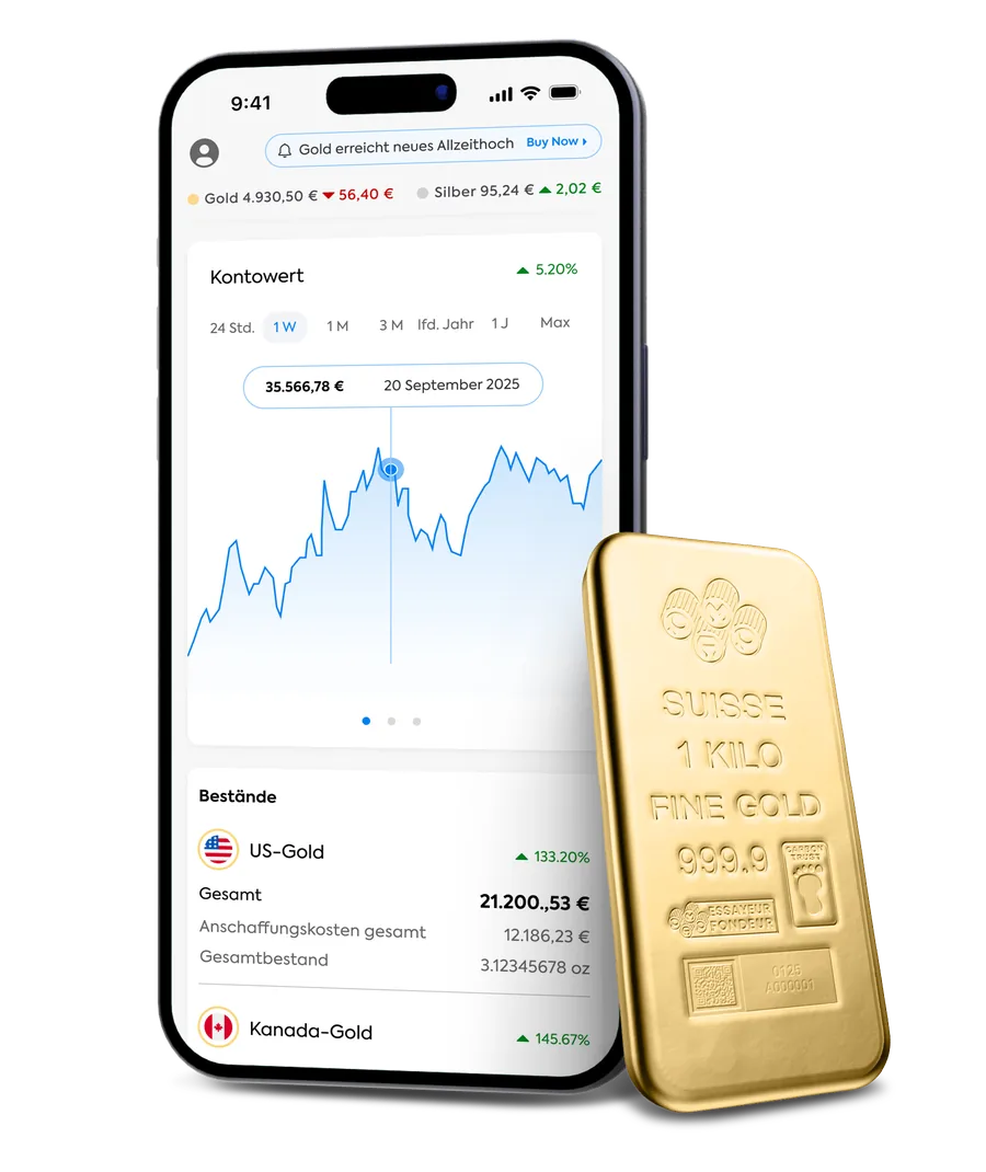 Die OneGold-App mit Portfoliowert und Beständen