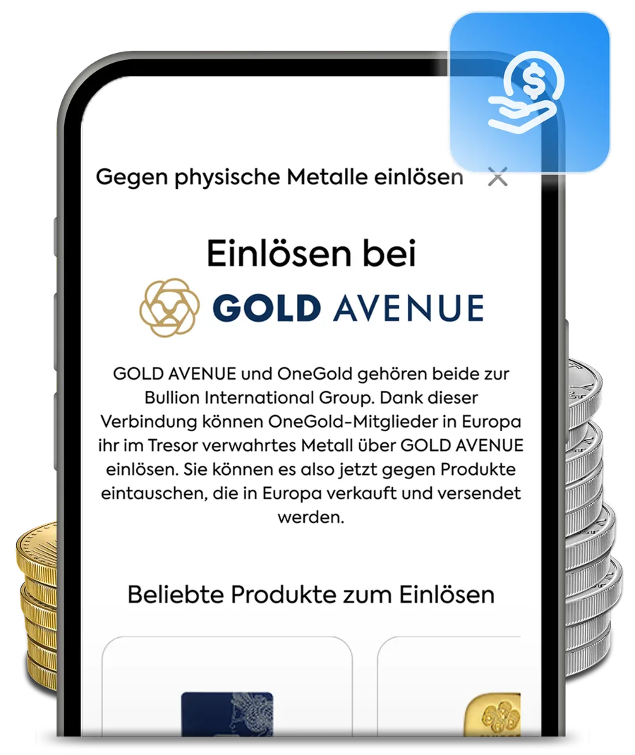 Der Bildschirm „Einlösen bei GOLD AVENUE“ der OneGold-App