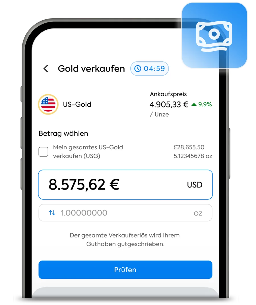 Der Bildschirm „Gold verkaufen“ der OneGold-App