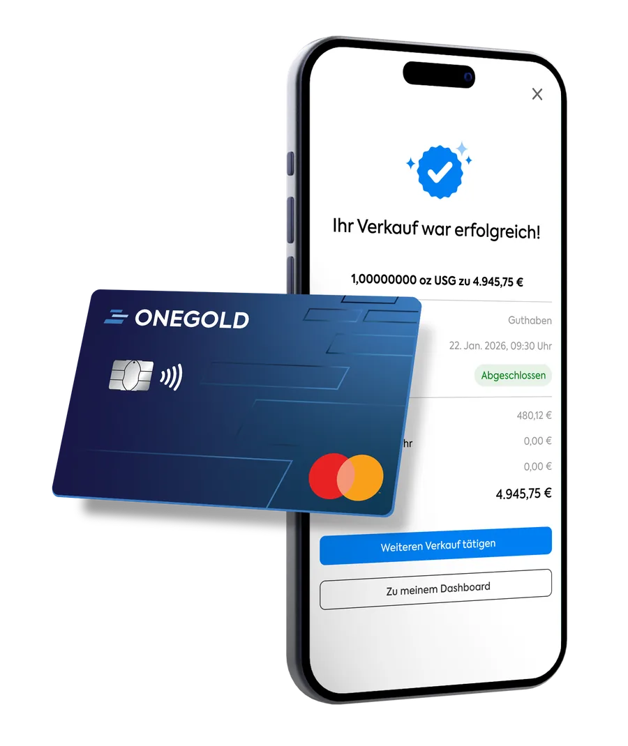 Die OneGold-App bestätigt Ihren Verkauf, neben einer Zahlungskarte