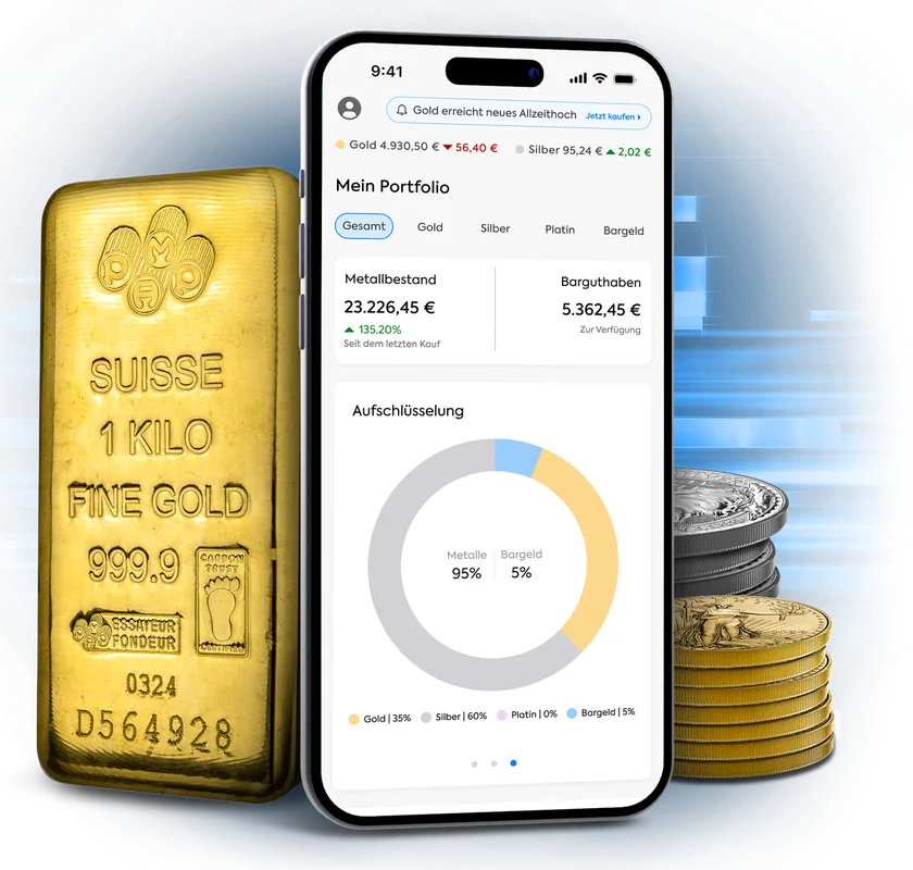 OneGold-App auf einem Smartphone neben einem Goldbarren und Münzen