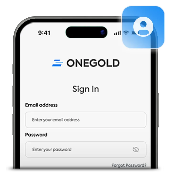 OneGold-App-Anmeldebildschirm zur Kontoerstellung