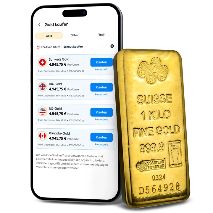 OneGold-App-Bildschirm zum Goldkauf neben einem physischen Goldbarren