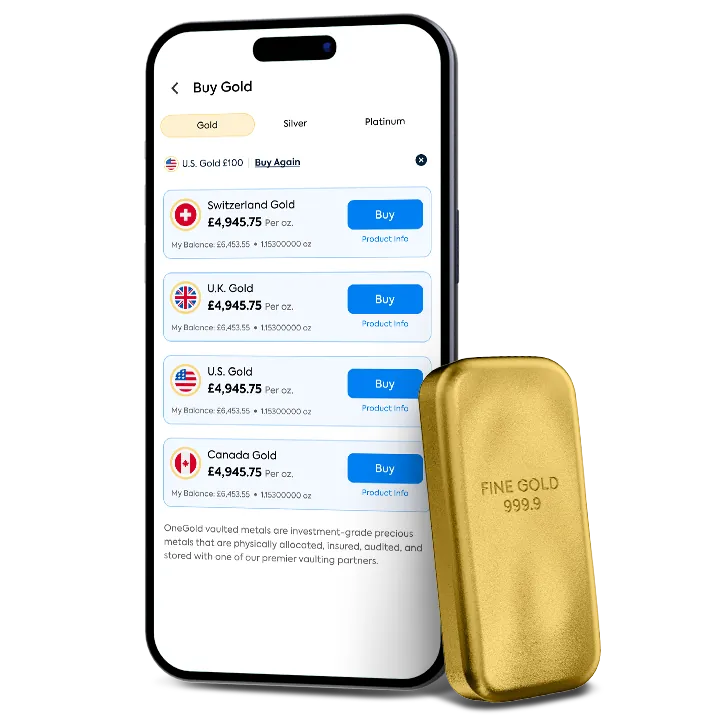 OneGold-App-Bildschirm zum Goldkauf neben einem physischen Goldbarren