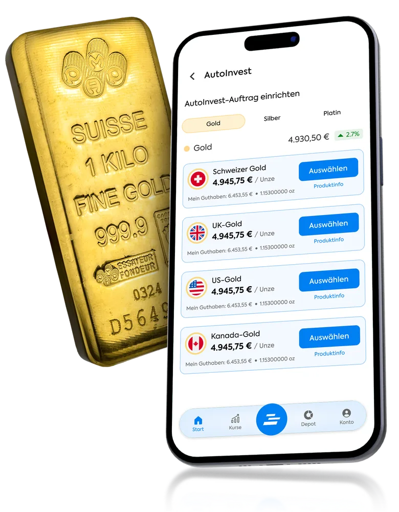 OneGold-Mobil-App mit dem AutoInvest-Order-Bildschirm neben einem Goldbarren