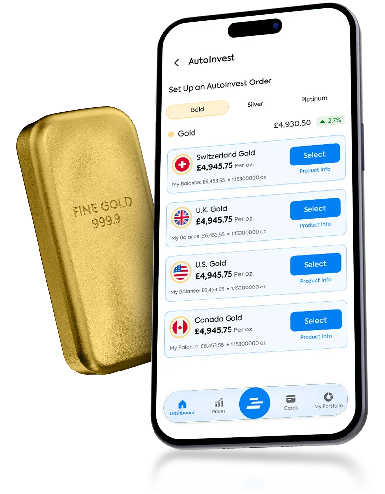 OneGold-Mobil-App mit dem AutoInvest-Order-Bildschirm neben einem Goldbarren