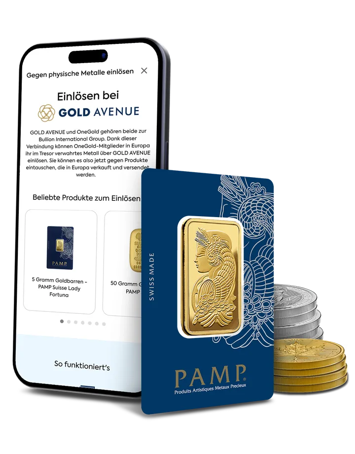 OneGold-App zeigt die Einlösung physischer Metalle mit einem PAMP-Goldbarren und Münzen