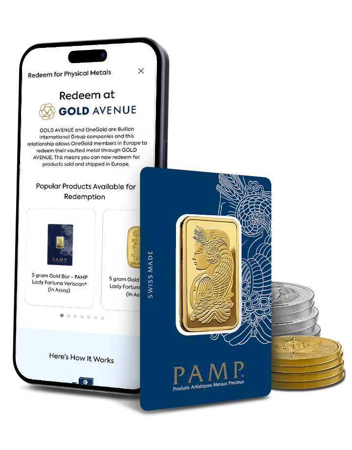 OneGold-App zeigt die Einlösung physischer Metalle mit einem PAMP-Goldbarren und Münzen